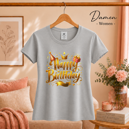 Damen Grau – T-Shirt mit festlichem 'Happy Birthday' Schriftzug in edlem Gold-Design