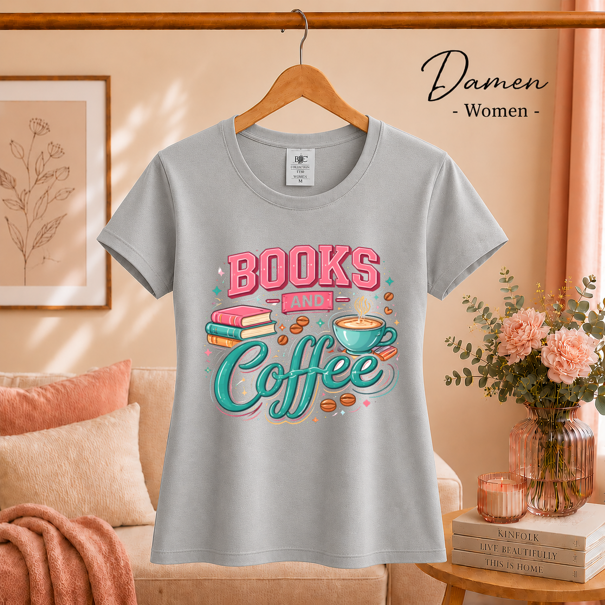 Damen Grau – Books and Coffee Design T-Shirt - Leseliebe & Kaffeegenuss