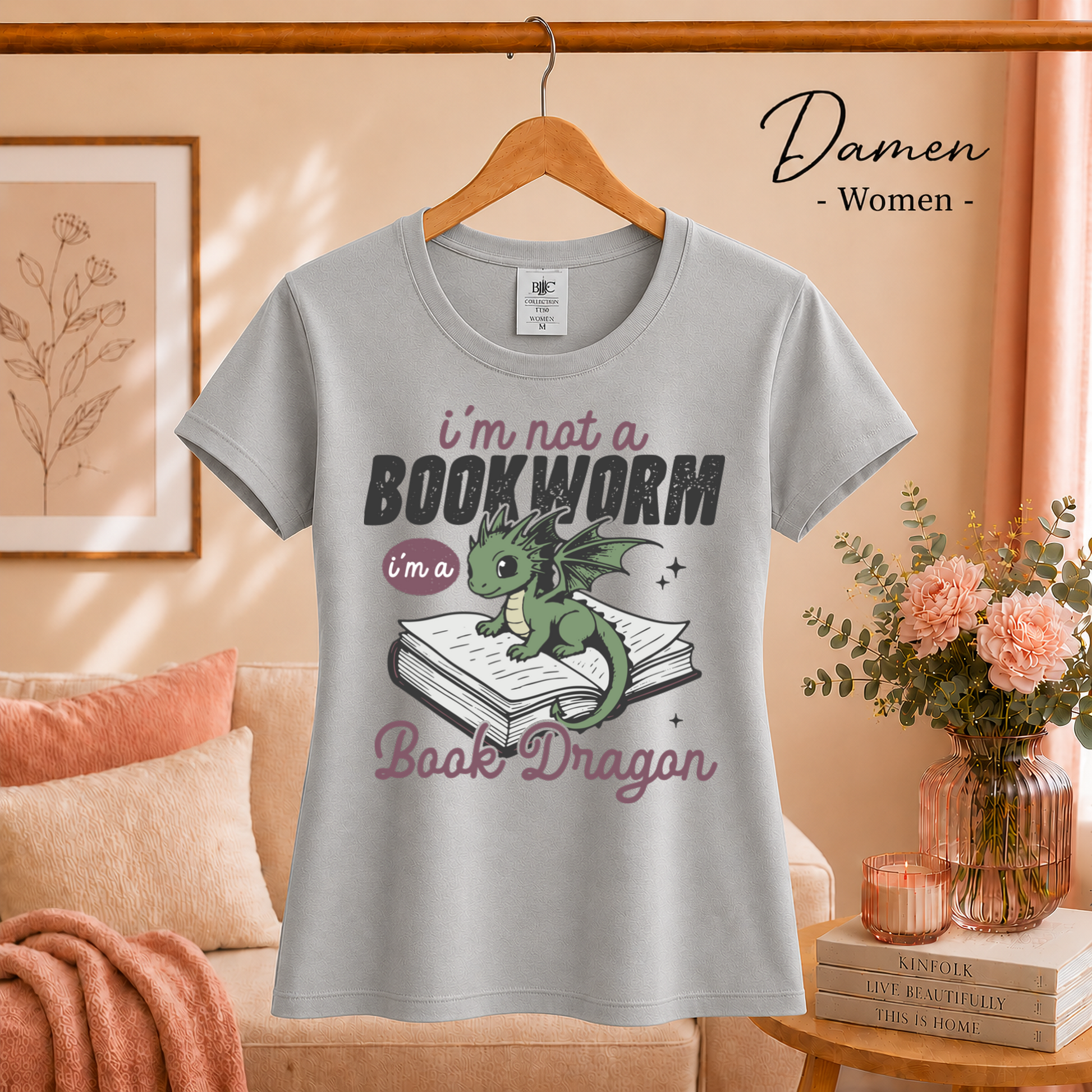 Damen Grau – Buch Drache T-Shirt – Niedlicher Drache auf Buch mit tollem Spruch