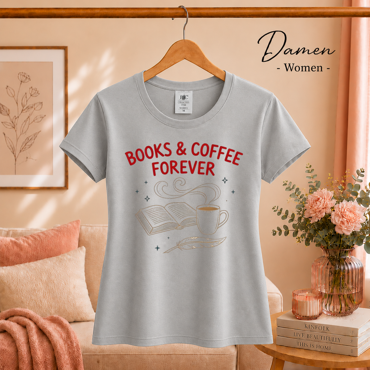Damen Grau – T-Shirt mit "Books & Coffee Forever" Design | Illustration für Leseratten & Kaffeeliebhaber