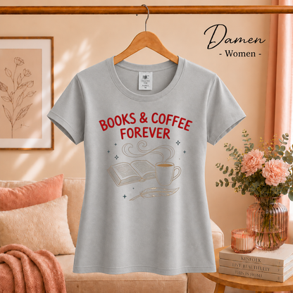 Damen Grau – T-Shirt mit "Books & Coffee Forever" Design | Illustration für Leseratten & Kaffeeliebhaber