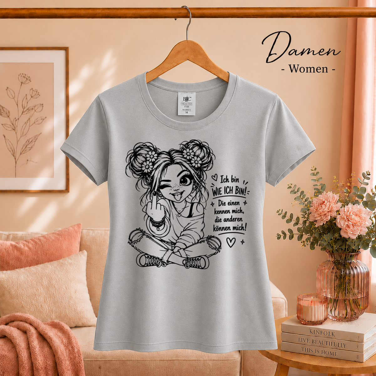 Damen Grau – T-Shirt mit frechem Mädchen & Spruch 'Die anderen können mich!' – Statement-Design mit Mittelfinger