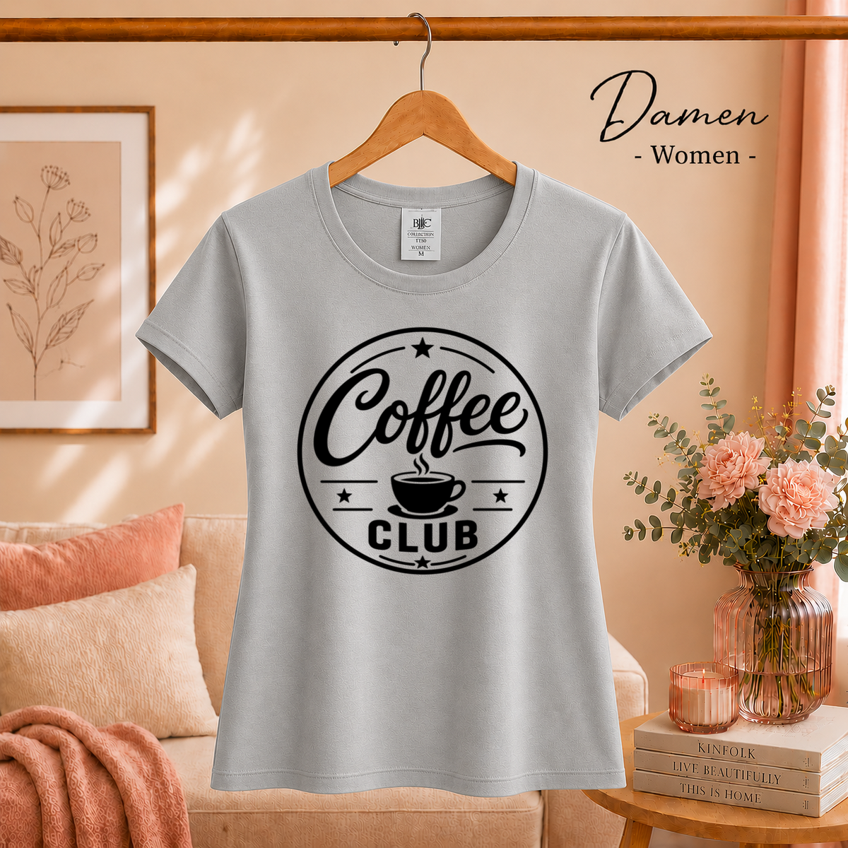 Damen Grau – T-Shirt mit Coffee Club Emblem | Retro-Logo für Kaffee-Liebhaber