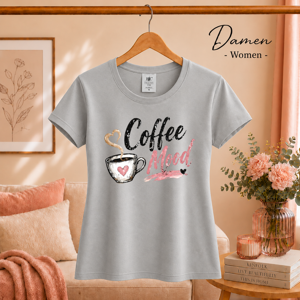 Damen Grau – T-Shirt mit "Coffee Mood" Schriftzug und Kaffeetasse im Aquarell-Stil
