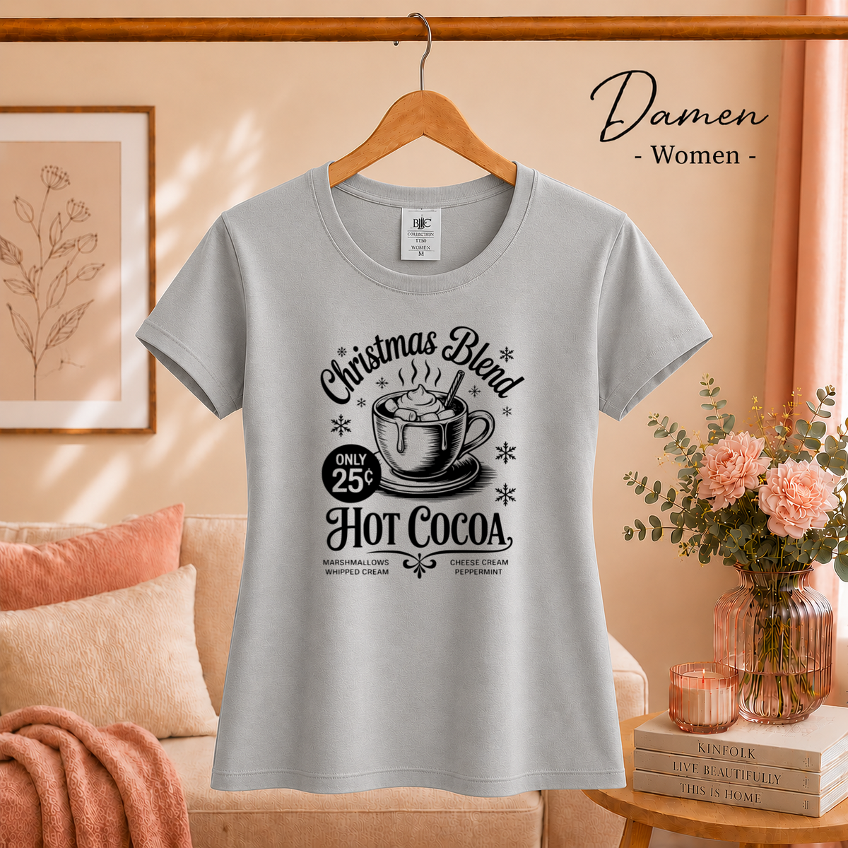 Damen Grau – T-Shirt mit Hot Cocoa Motiv 'Christmas Blend' im nostalgischen Retro-Design
