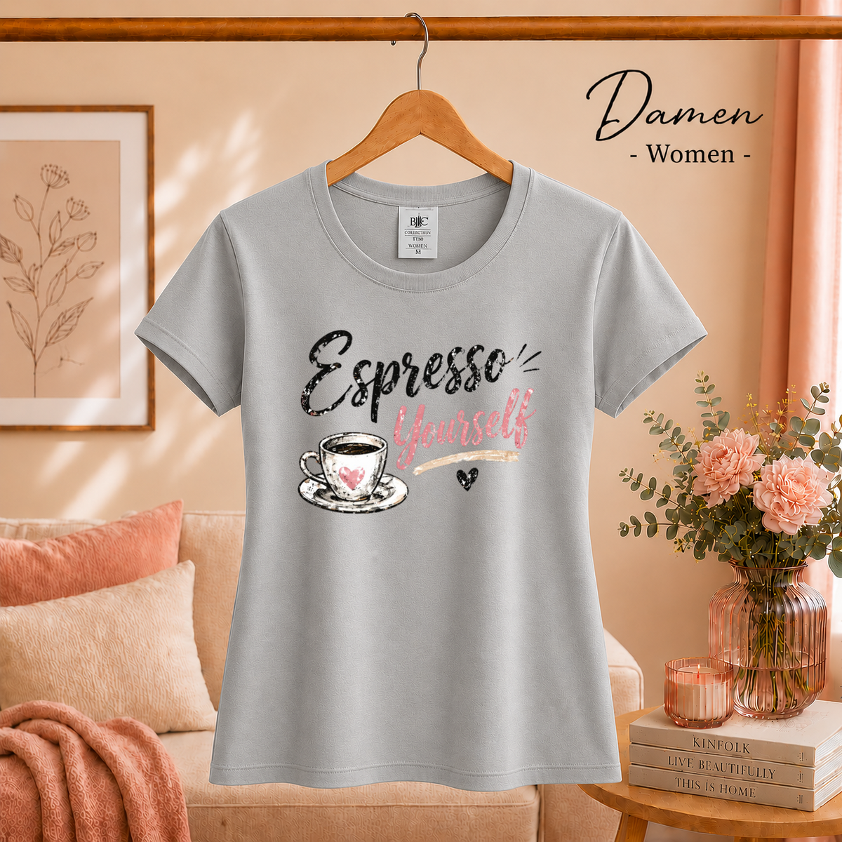 Damen Grau – T-Shirt mit 'Espresso Yourself' Spruch | Design mit Kaffeetasse und Glitzer-Schrift