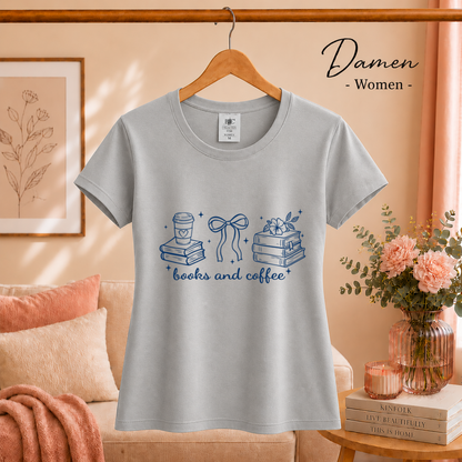 Damen Grau – Bücher & Kaffee Liebhaber Design T-Shirt | Charmantes Motiv für Lesefreunde