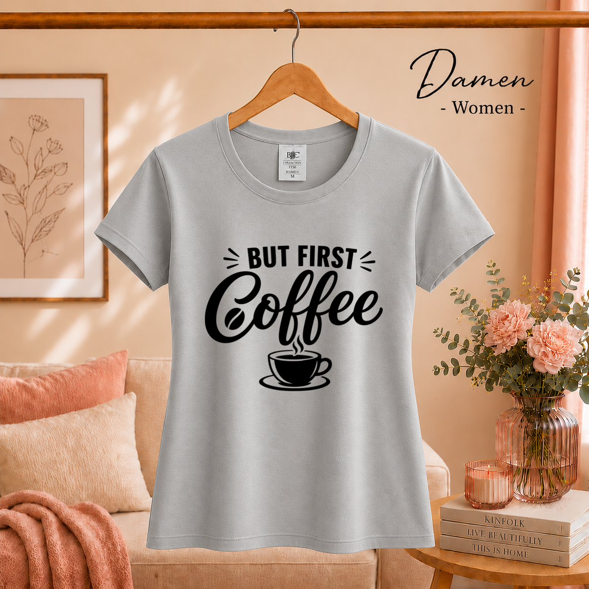 Damen Grau – „But first, Coffee“ T-Shirt | Design mit Spruch für Kaffee-Liebhaber und Morgenmuffel