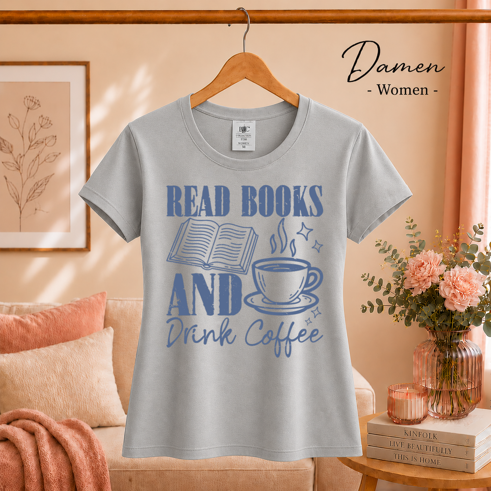 Damen Grau – READ BOOKS AND Drink Coffee Shirt – Gemütliches Design für Bücherwürmer & Kaffeeliebhaber