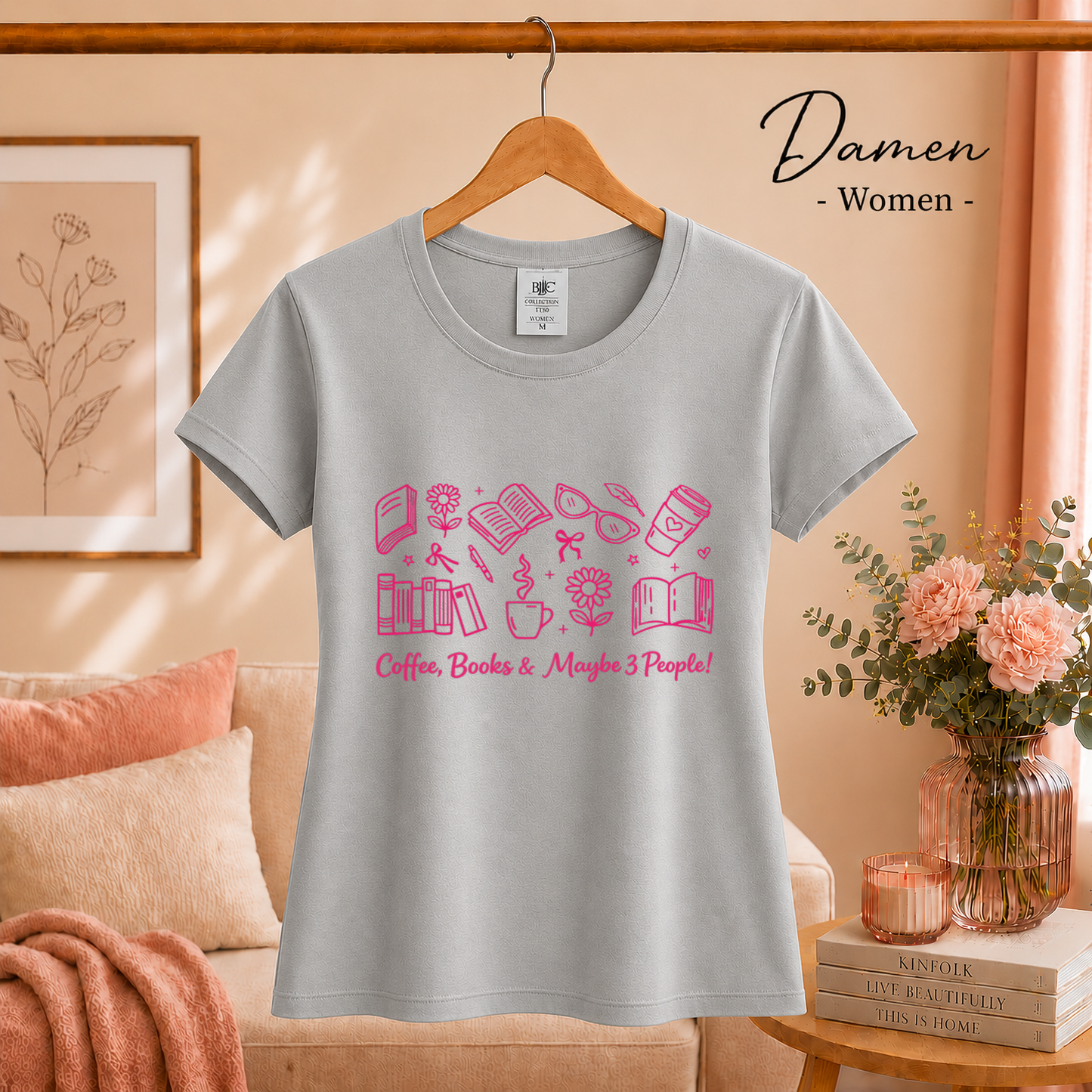 Damen Grau – Lese-Liebe T-Shirt: 'Coffee, Books & Maybe 3 People!' Motiv in Pink