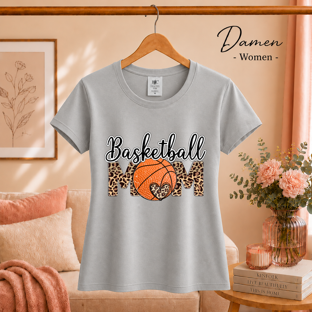 Damen Grau – Basketball Mom T-Shirt | Design mit trendigem Leopardenmuster und Herz-Detail