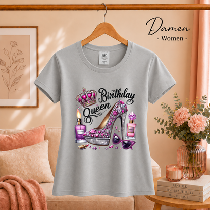 Damen Grau – Birthday Queen T-Shirt mit glamourösem Glitzer-High-Heel und Krone