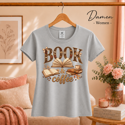 Damen Grau – Blumiges BOOK & coffee Motiv Shirt – Dein Statement für Bücherliebe & Kaffeemomente