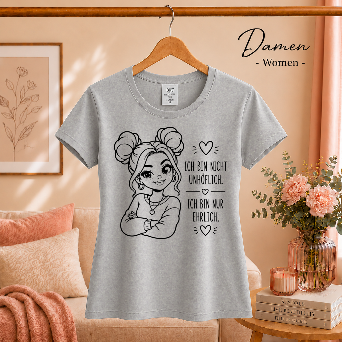 Damen Grau – T-Shirt "Nicht unhöflich, nur ehrlich" | Design mit selbstbewusster Frau und frechem Statement