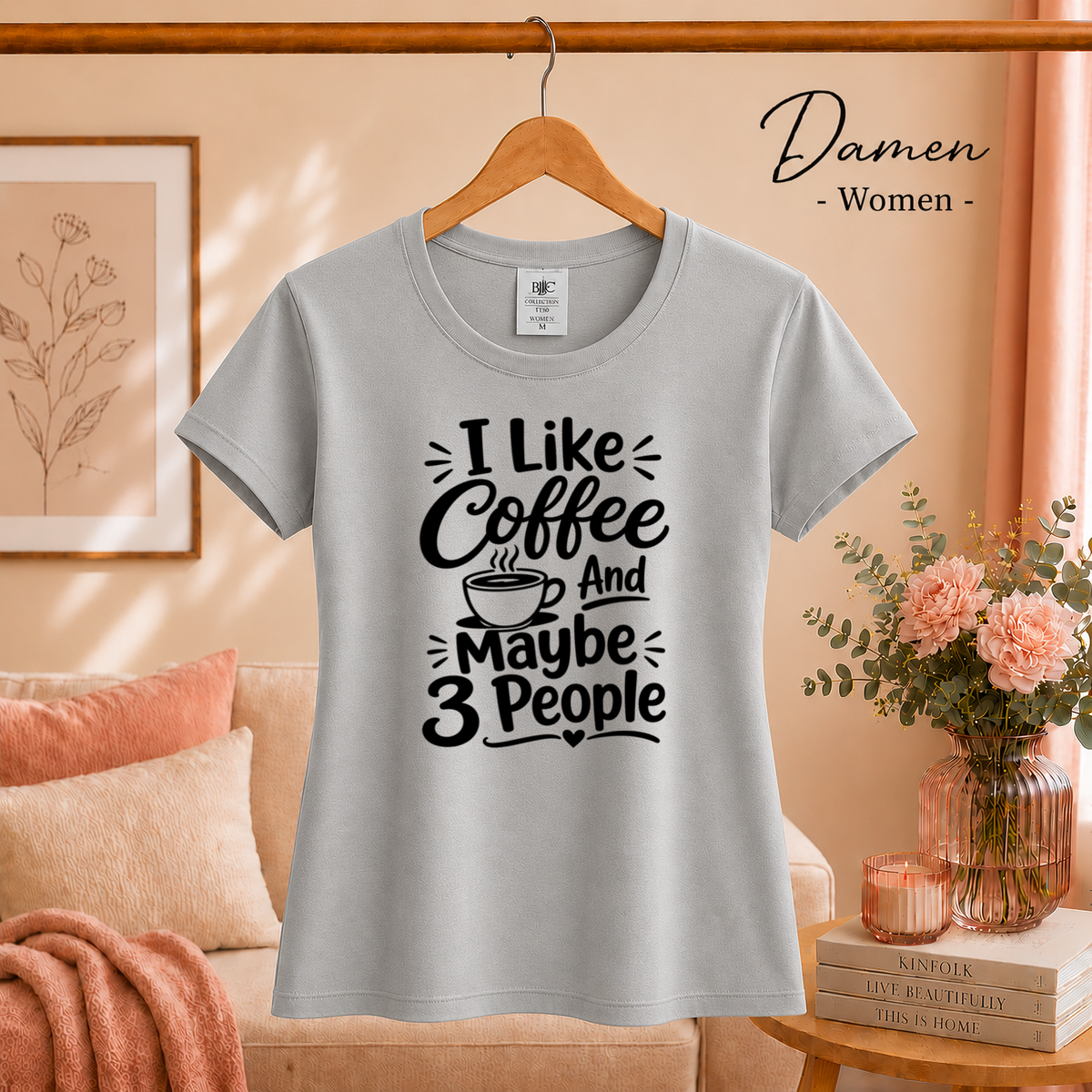 Damen Grau – T-Shirt 'I Like Coffee And Maybe 3 People' | Witziger Spruch für Kaffeeliebhaber & Introvertierte