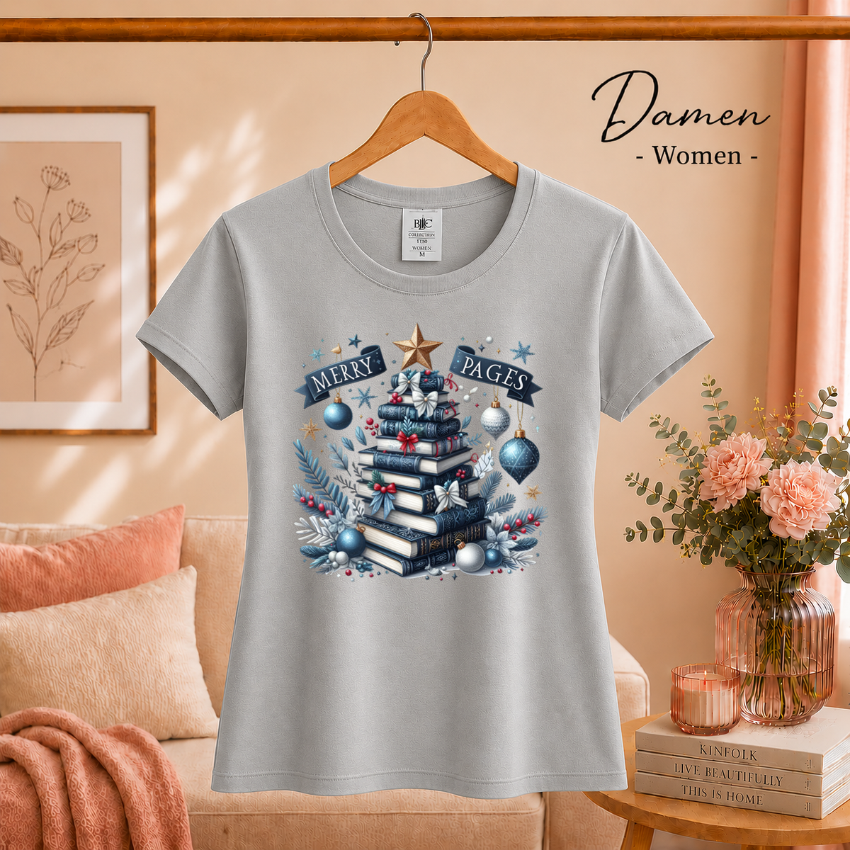Damen Grau – T-Shirt mit Bücher-Weihnachtsbaum Motiv & Spruch 'Merry Pages' für Leseratten