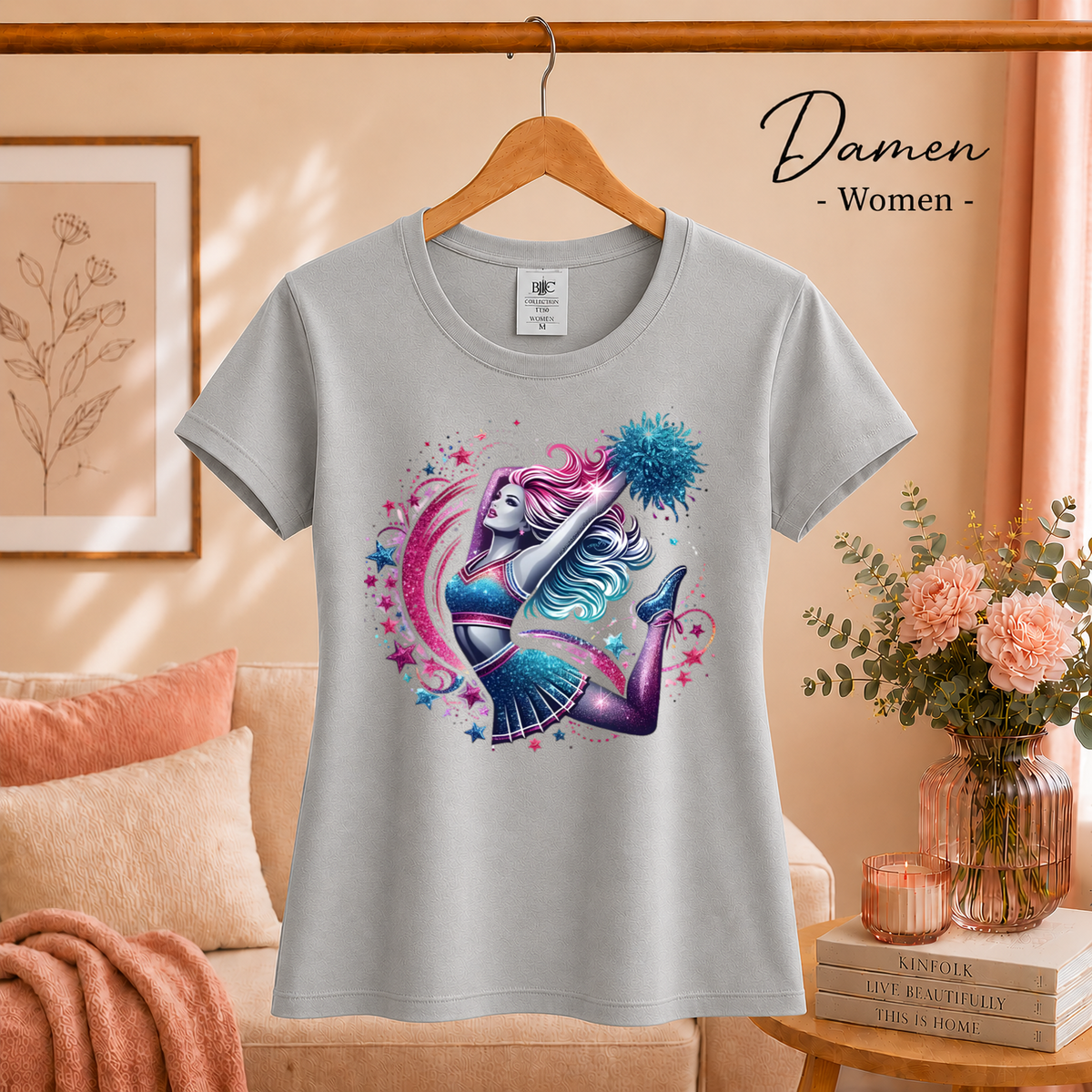 Damen Grau – T-Shirt mit dynamischem Cheerleader-Motiv und galaktischen Sternen