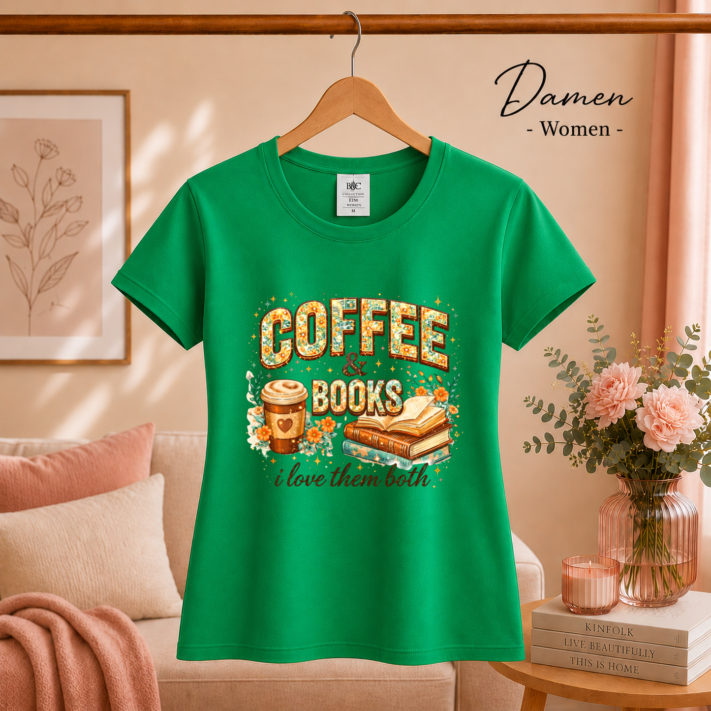 Damen KellyGrün – Coffee & Books T-Shirt – Floraler Print für Leseratten & Kaffeeliebhaber