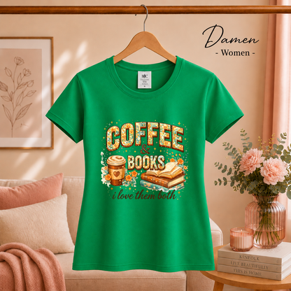 Damen KellyGrün – Coffee & Books T-Shirt – Floraler Print für Leseratten & Kaffeeliebhaber