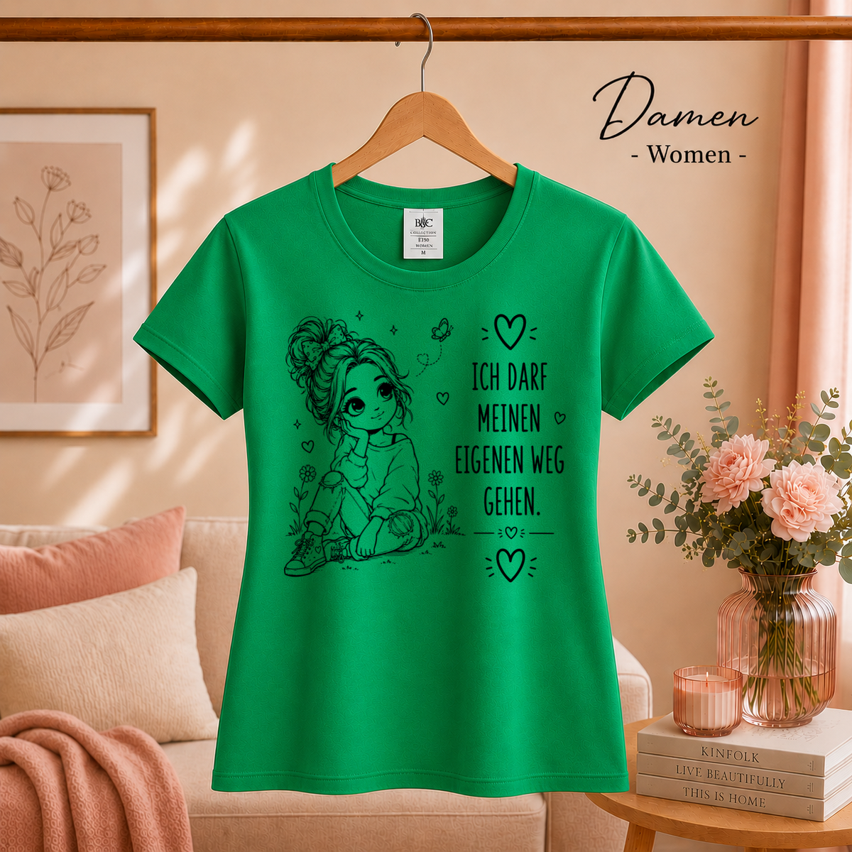 Damen KellyGrün – T-Shirt mit Statement-Spruch 'Ich darf meinen eigenen Weg gehen' | Süße Mädchen-Illustration