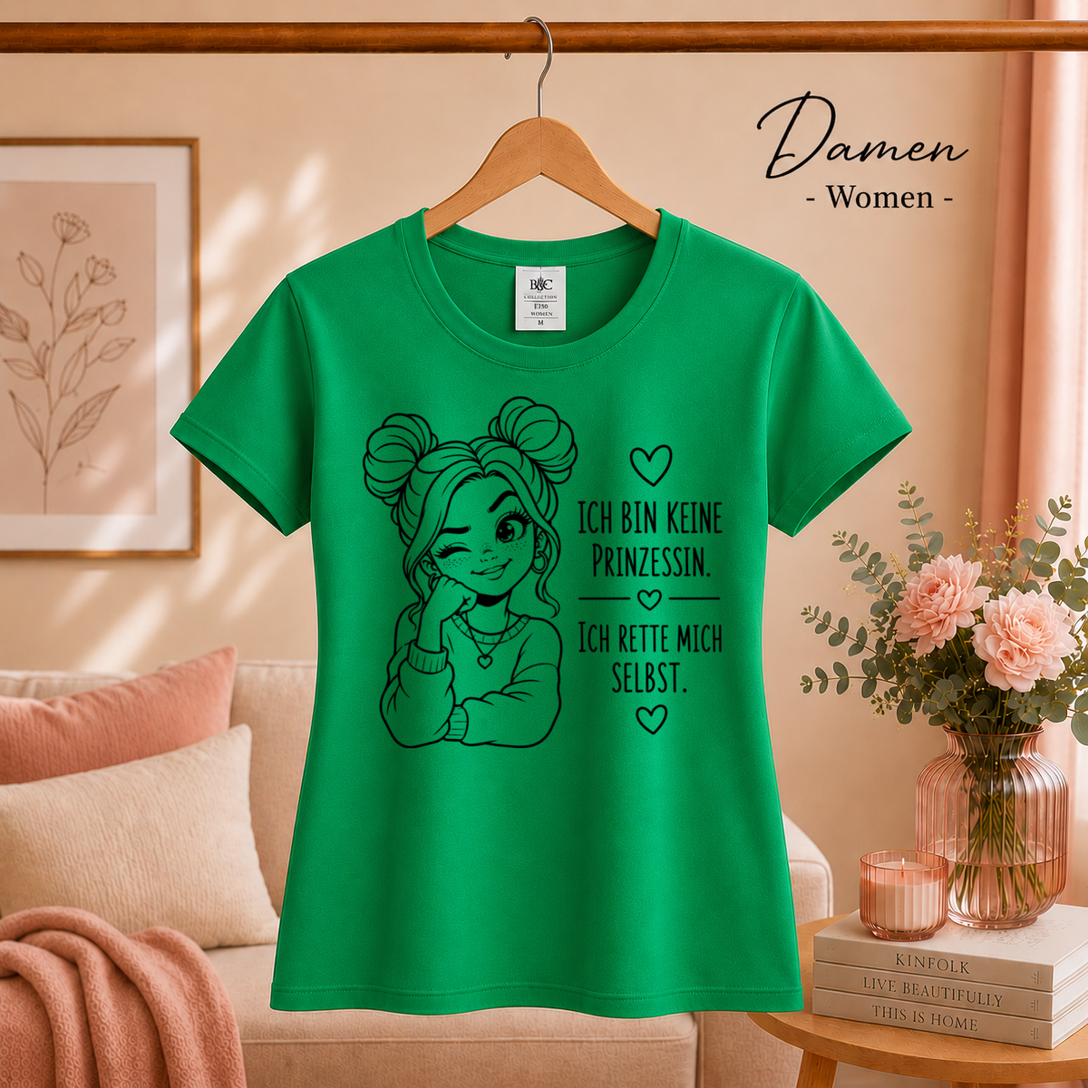 Damen KellyGrün – T-Shirt 'Ich rette mich selbst' | Statement-Design mit selbstbewusster, zwinkernder Comic-Frau
