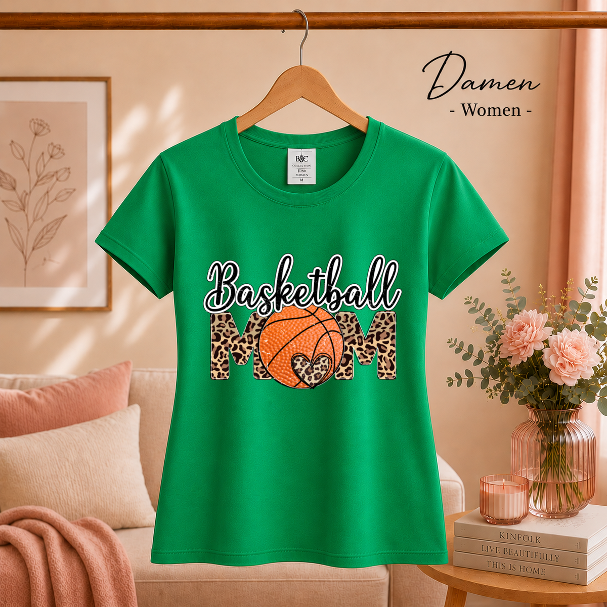 Damen KellyGrün – Basketball Mom T-Shirt | Design mit trendigem Leopardenmuster und Herz-Detail