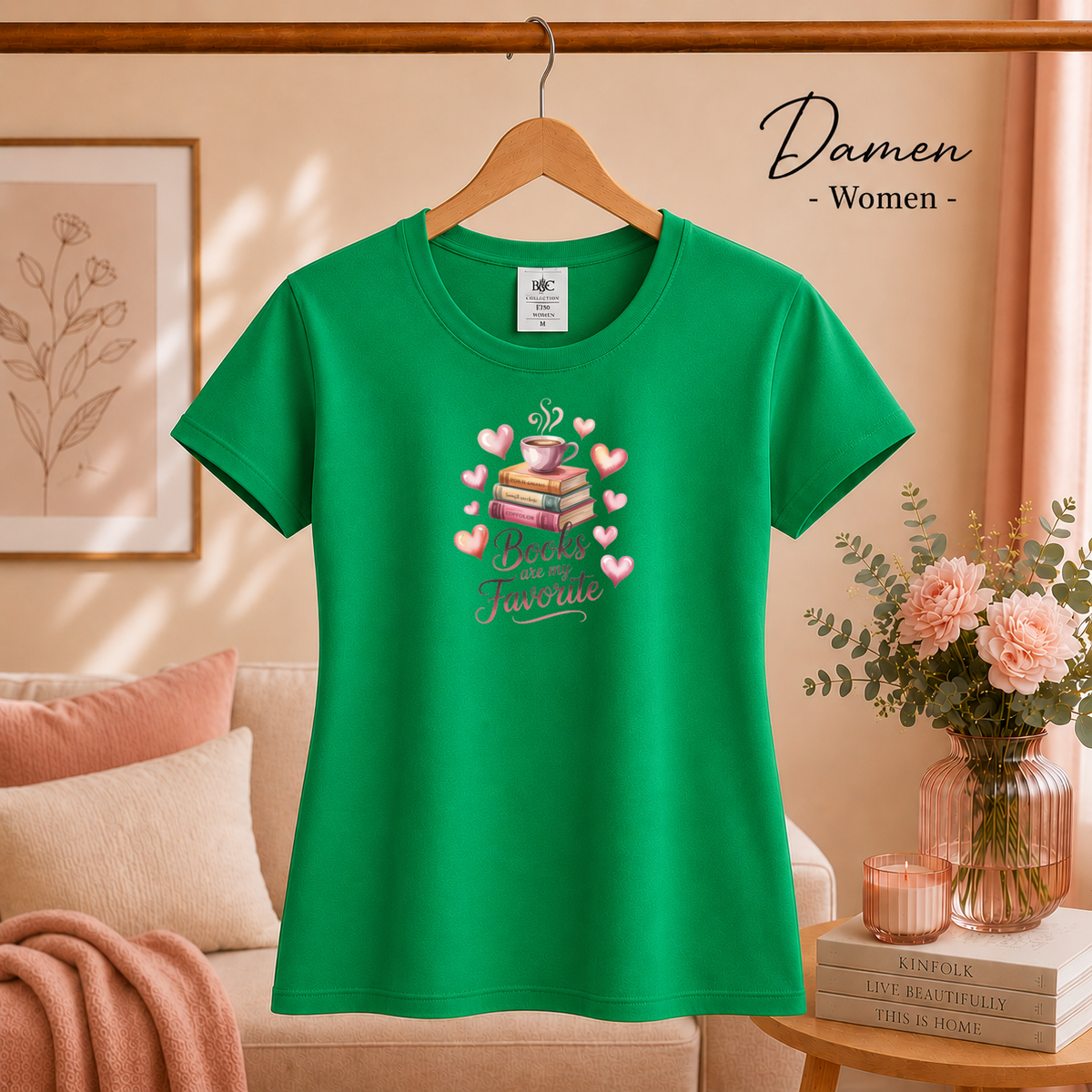 Damen KellyGrün – T-Shirt 'Books are my Favorite' | Romantisches Bücherwurm-Design mit Kaffee & Herzen