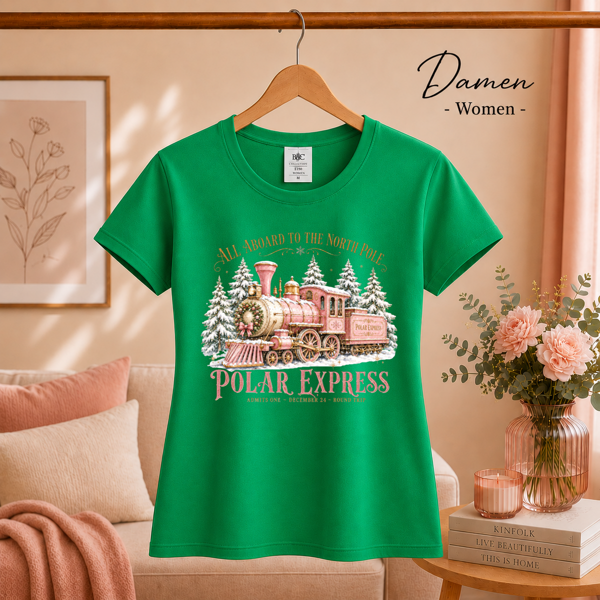 Damen KellyGrün – T-Shirt Polar Express: Magische Weihnachtsfahrt zum Nordpol im Vintage-Design