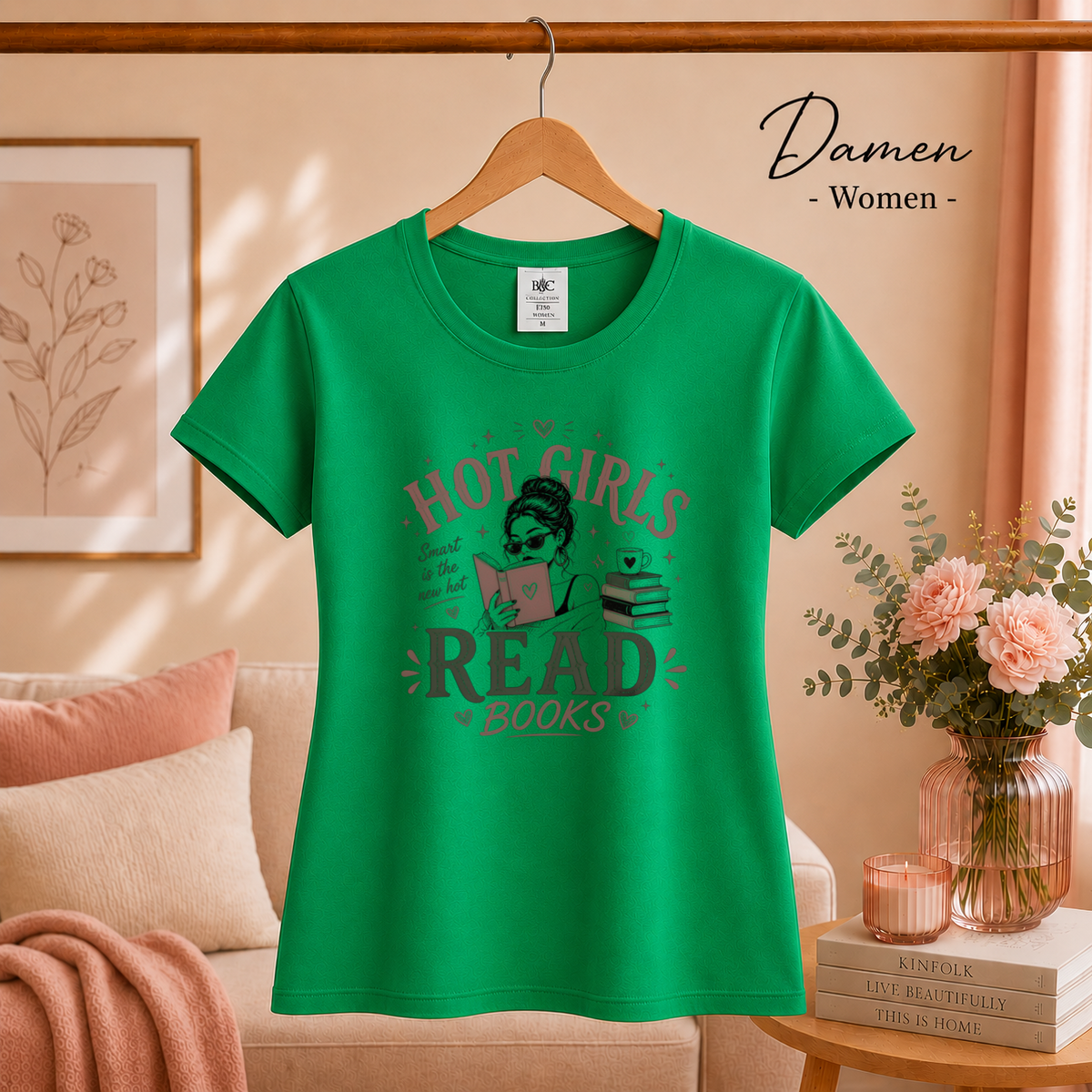 Damen KellyGrün – T-Shirt mit „Hot Girls Read Books“ Aufdruck | Statement-Design für Leseratten und Bücherwürmer