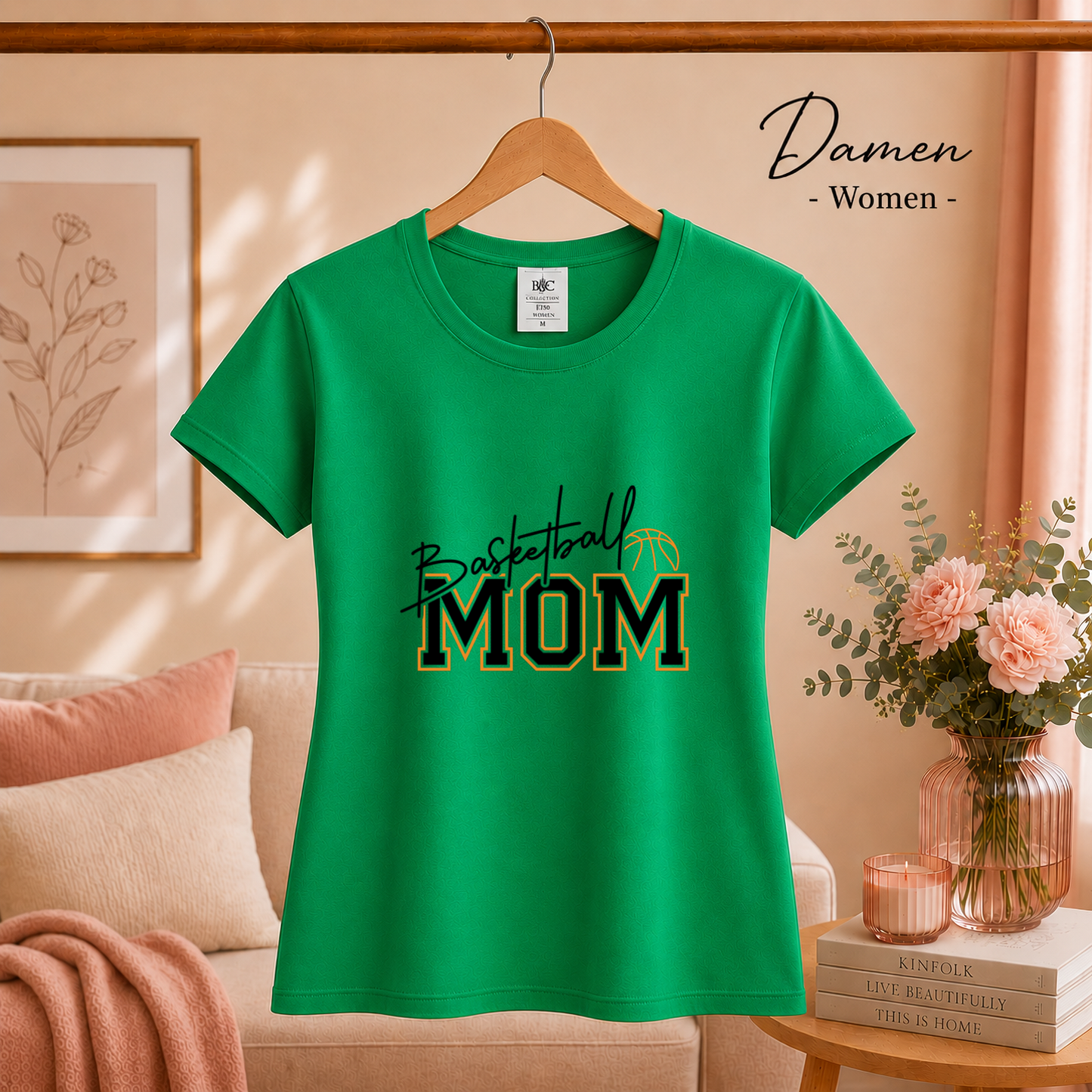 Damen KellyGrün – Basketball Mom Statement-Shirt | College-Style Schriftzug mit Ball-Grafik