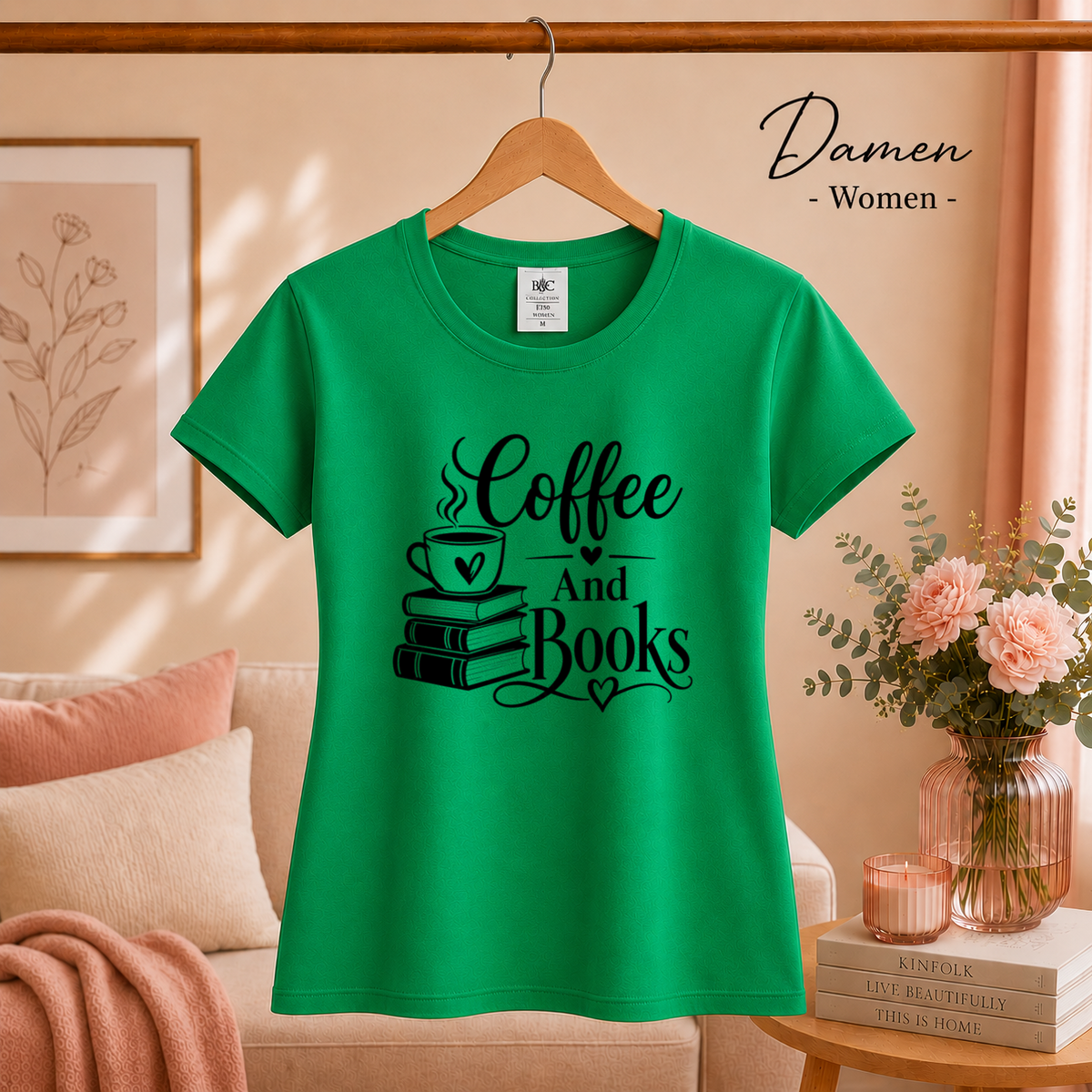 Damen KellyGrün – T-Shirt mit 'Coffee And Books' Spruch | Design für Leseratten und Kaffeeliebhaber