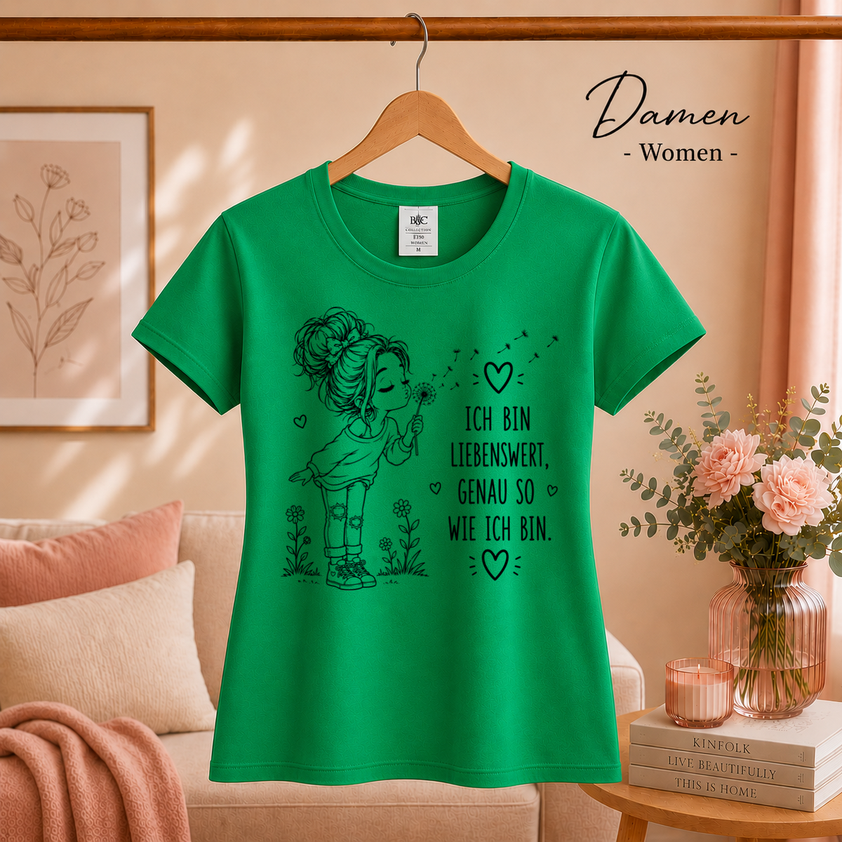 Damen KellyGrün – T-Shirt mit Pusteblumen-Mädchen und dem Spruch „Ich bin liebenswert, genau so wie ich bin“
