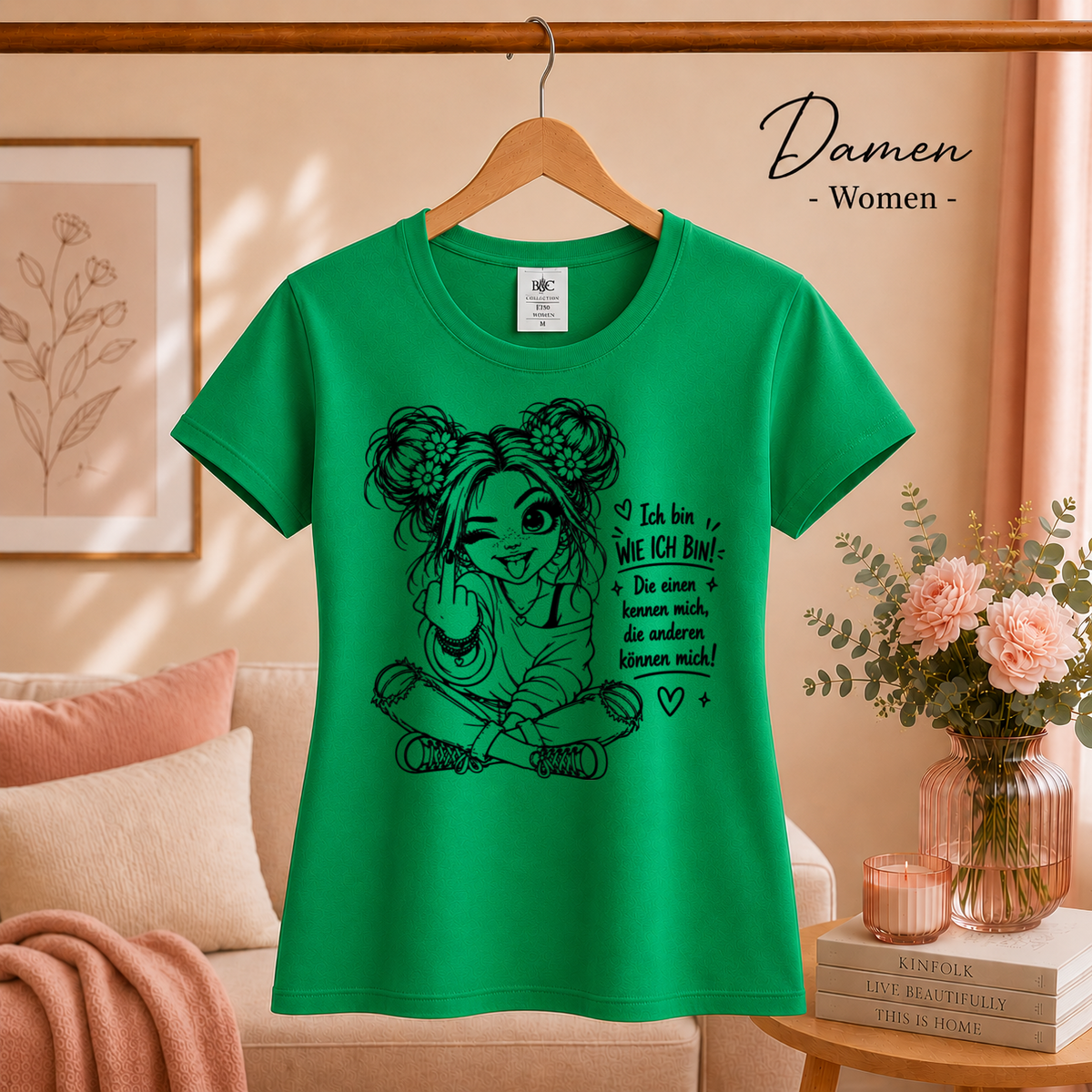 Damen KellyGrün – T-Shirt mit frechem Mädchen & Spruch 'Die anderen können mich!' – Statement-Design mit Mittelfinger