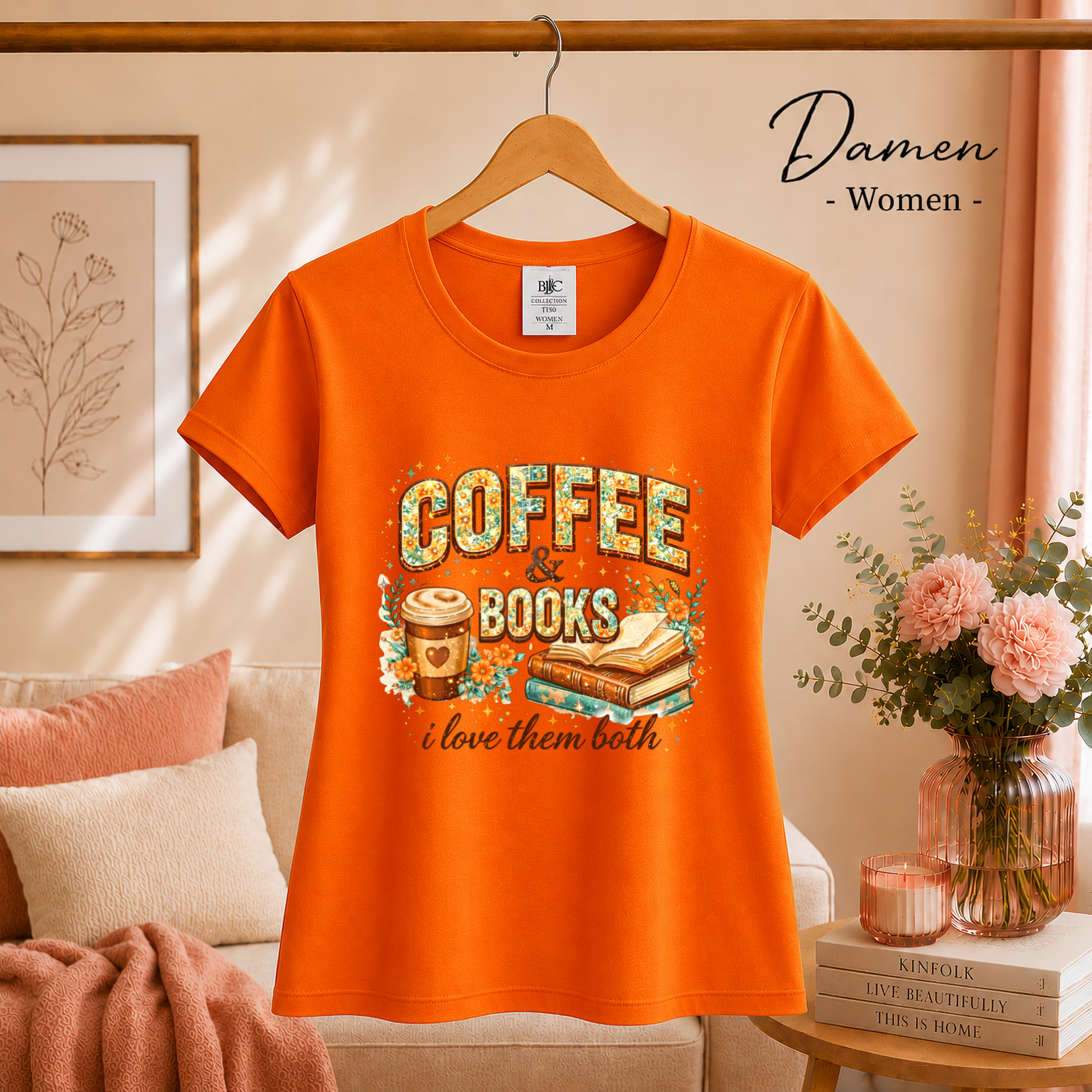 Damen Orange – Coffee & Books T-Shirt – Floraler Print für Leseratten & Kaffeeliebhaber