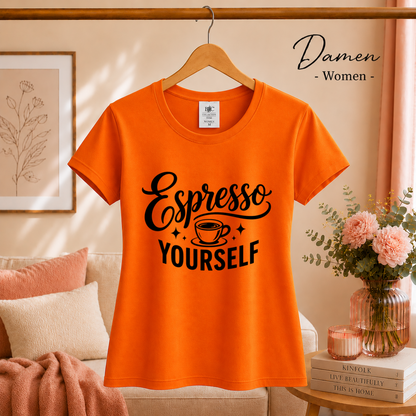 Damen Orange – T-Shirt mit Spruch "Espresso Yourself" | Witziges Wortspiel-Design für Kaffeeliebhaber