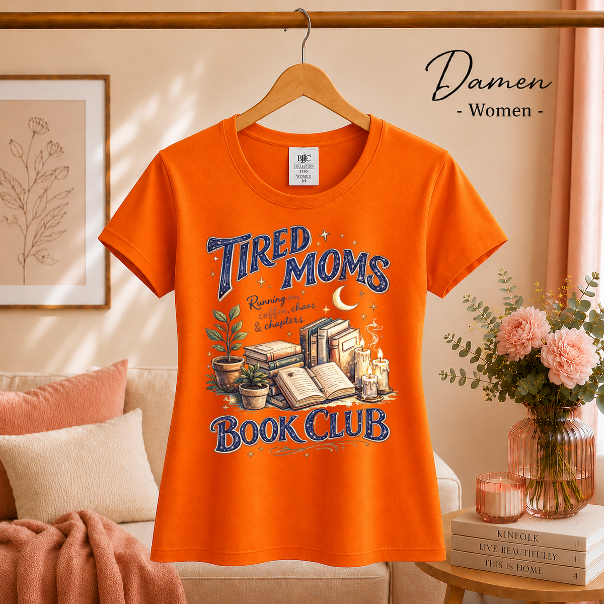 Damen Orange – Tired Moms Book Club T-Shirt | Kaffee, Bücher & Chaos Motiv
