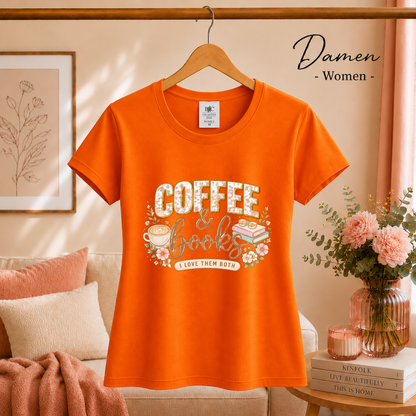 Damen Orange – T-Shirt mit Coffee & Books Design | Floral-verzierter Spruch für Bücher- und Kaffeeliebhaber