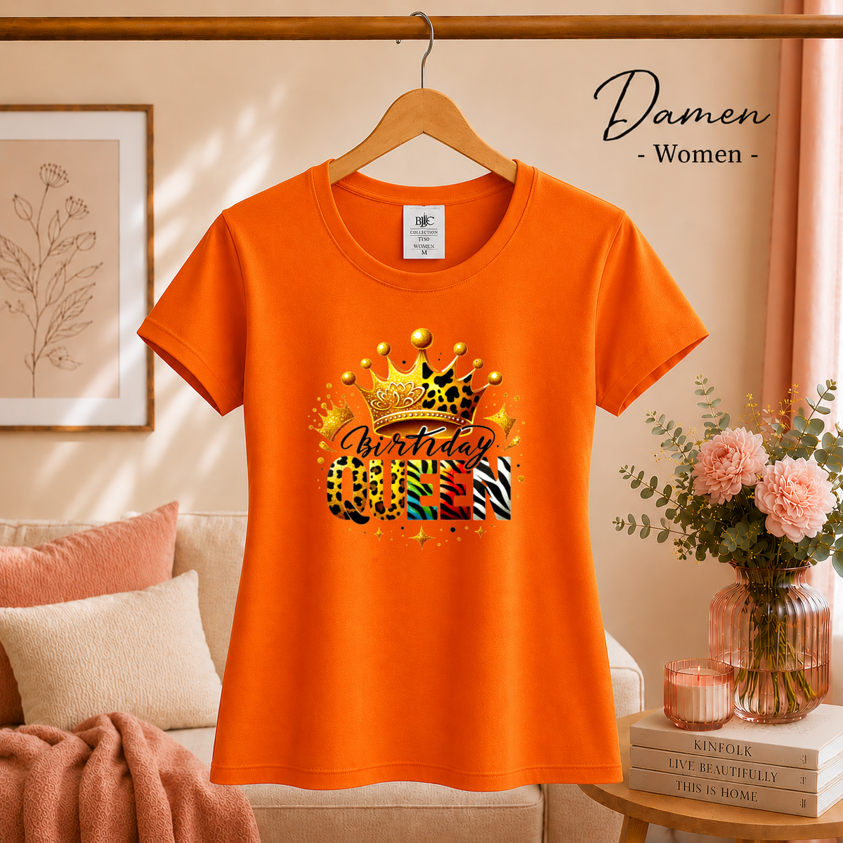Damen Orange – T-Shirt mit 'Birthday Queen' Schriftzug, goldener Krone und buntem Animal-Print Design