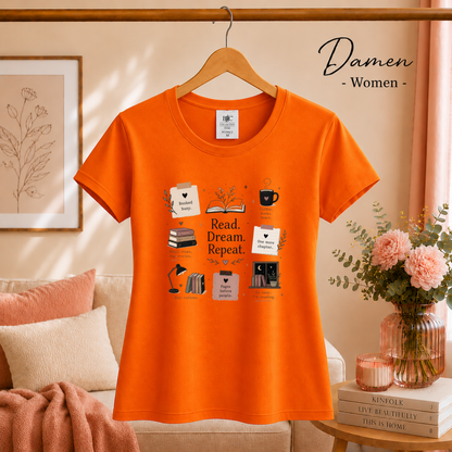 Damen Orange – T-Shirt mit 'Read. Dream. Repeat.' Design – Das perfekte Outfit für gemütliche Lesestunden