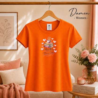 Damen Orange – T-Shirt 'Books are my Favorite' | Romantisches Bücherwurm-Design mit Kaffee & Herzen