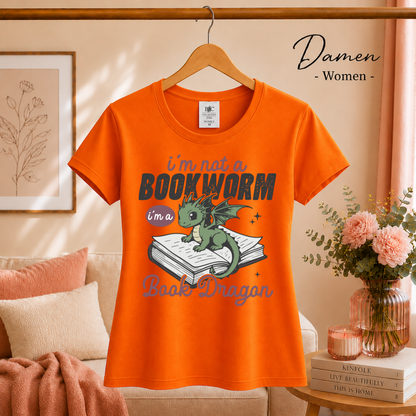 Damen Orange – Buch Drache T-Shirt – Niedlicher Drache auf Buch mit tollem Spruch
