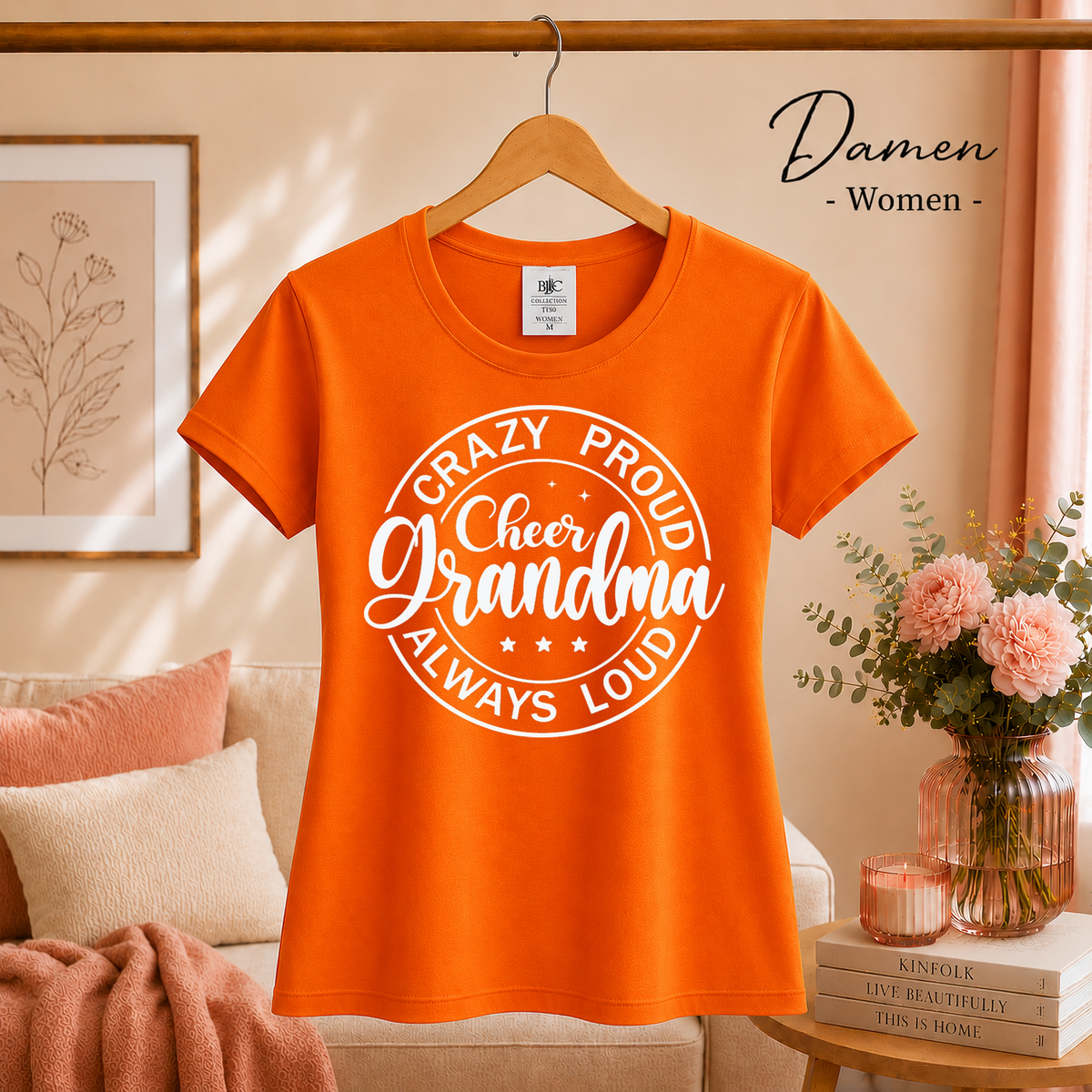 Damen Orange – T-Shirt mit „Crazy Proud Cheer Grandma“ Spruch für die stolzeste und lauteste Oma