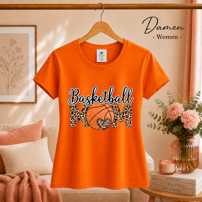 Damen Orange – Basketball Mom T-Shirt | Design mit trendigem Leopardenmuster und Herz-Detail