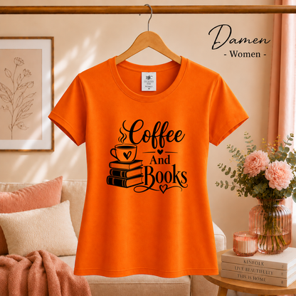 Damen Orange – T-Shirt mit 'Coffee And Books' Spruch | Design für Leseratten und Kaffeeliebhaber