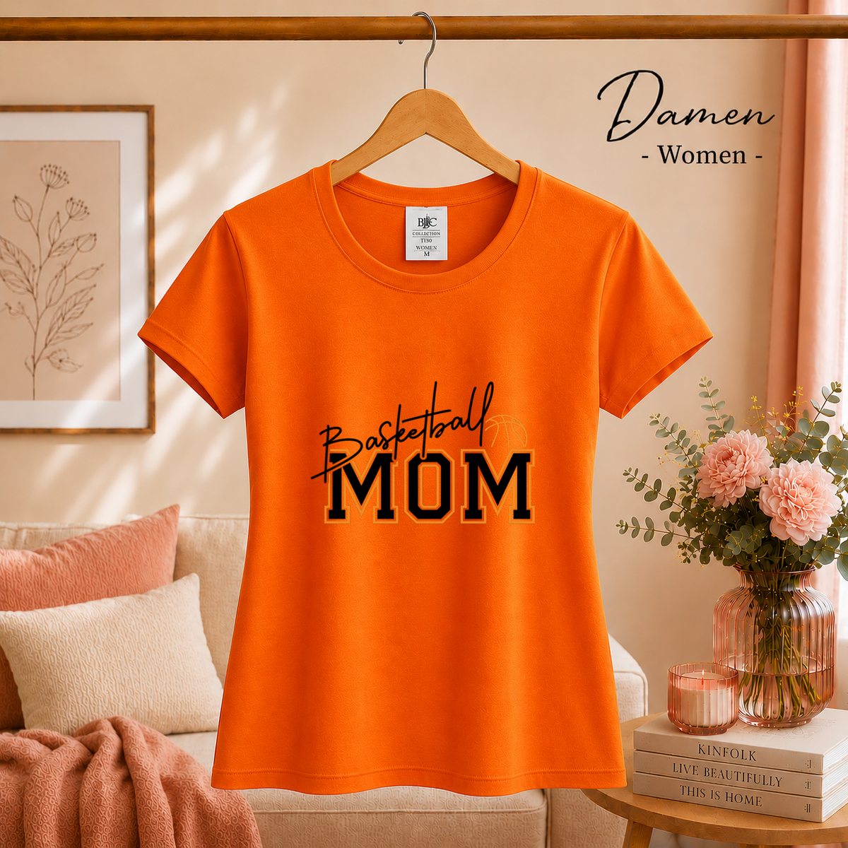 Damen Orange – Basketball Mom Statement-Shirt | College-Style Schriftzug mit Ball-Grafik