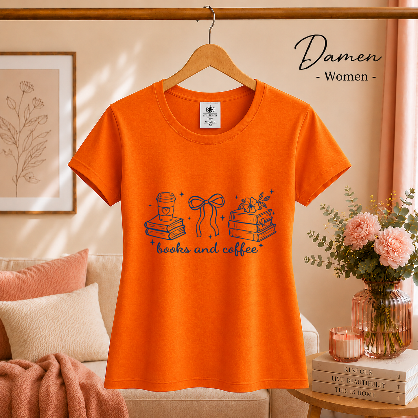 Damen Orange – Bücher & Kaffee Liebhaber Design T-Shirt | Charmantes Motiv für Lesefreunde