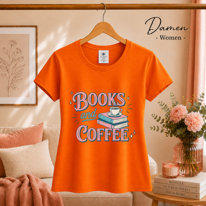 Damen Orange – Books and Coffee T-Shirt | Charmantes Design für Leseratten & Kaffeefans