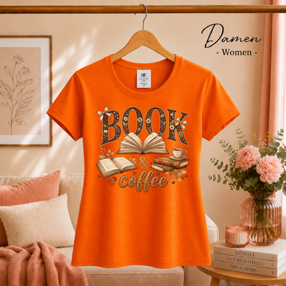 Damen Orange – Blumiges BOOK & coffee Motiv Shirt – Dein Statement für Bücherliebe & Kaffeemomente