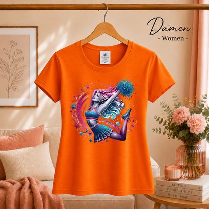 Damen Orange – T-Shirt mit dynamischem Cheerleader-Motiv und galaktischen Sternen