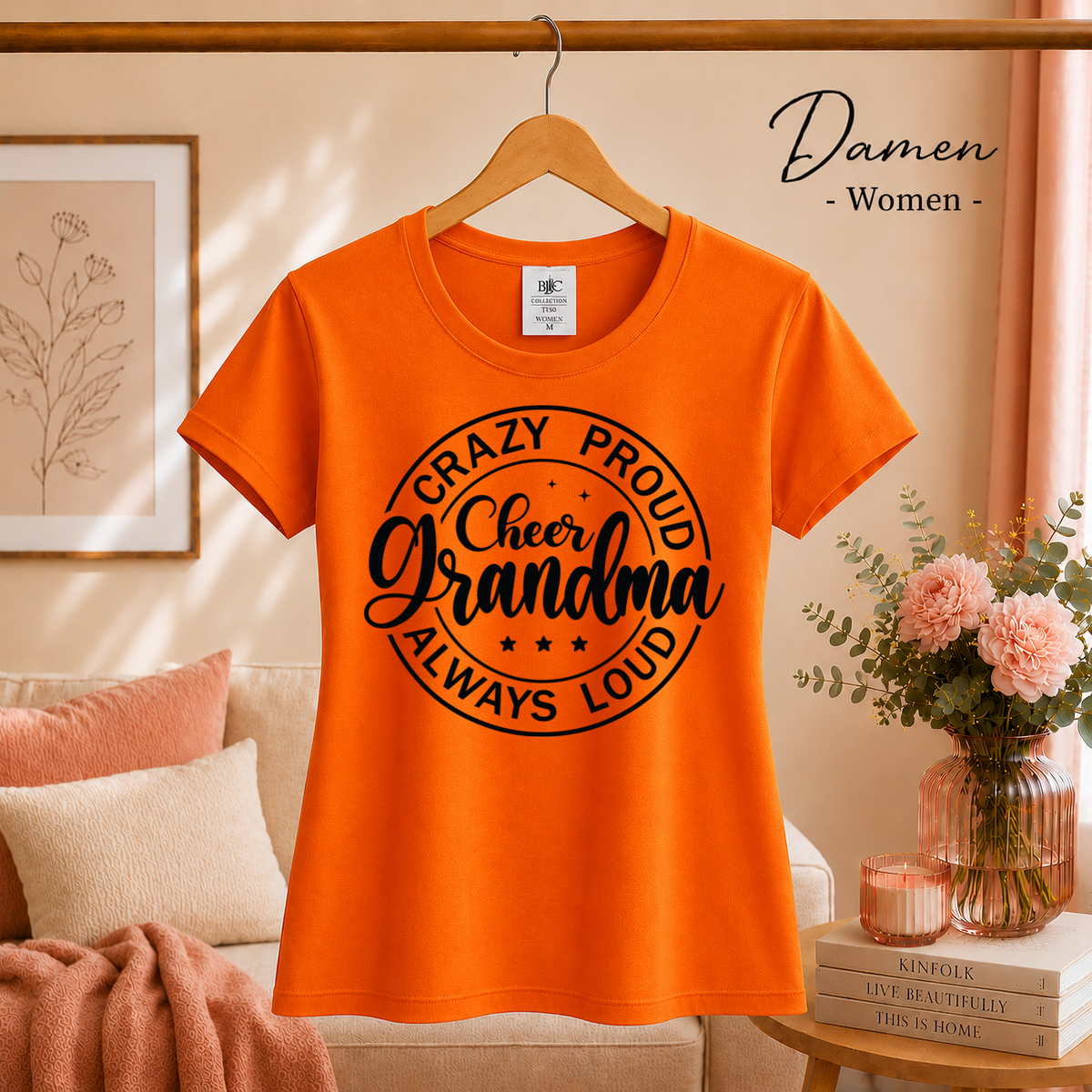 Damen Orange – T-Shirt mit 'Crazy Proud Cheer Grandma' Spruch | Design für stolze Cheerleader-Omas